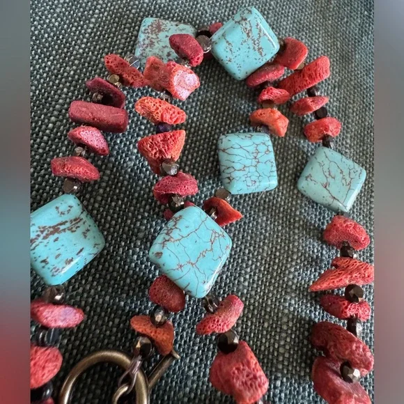 Handmade Red Coral and Turquoise Stone Beaded Necklace and Bracelet Set - Picture 5 of 5